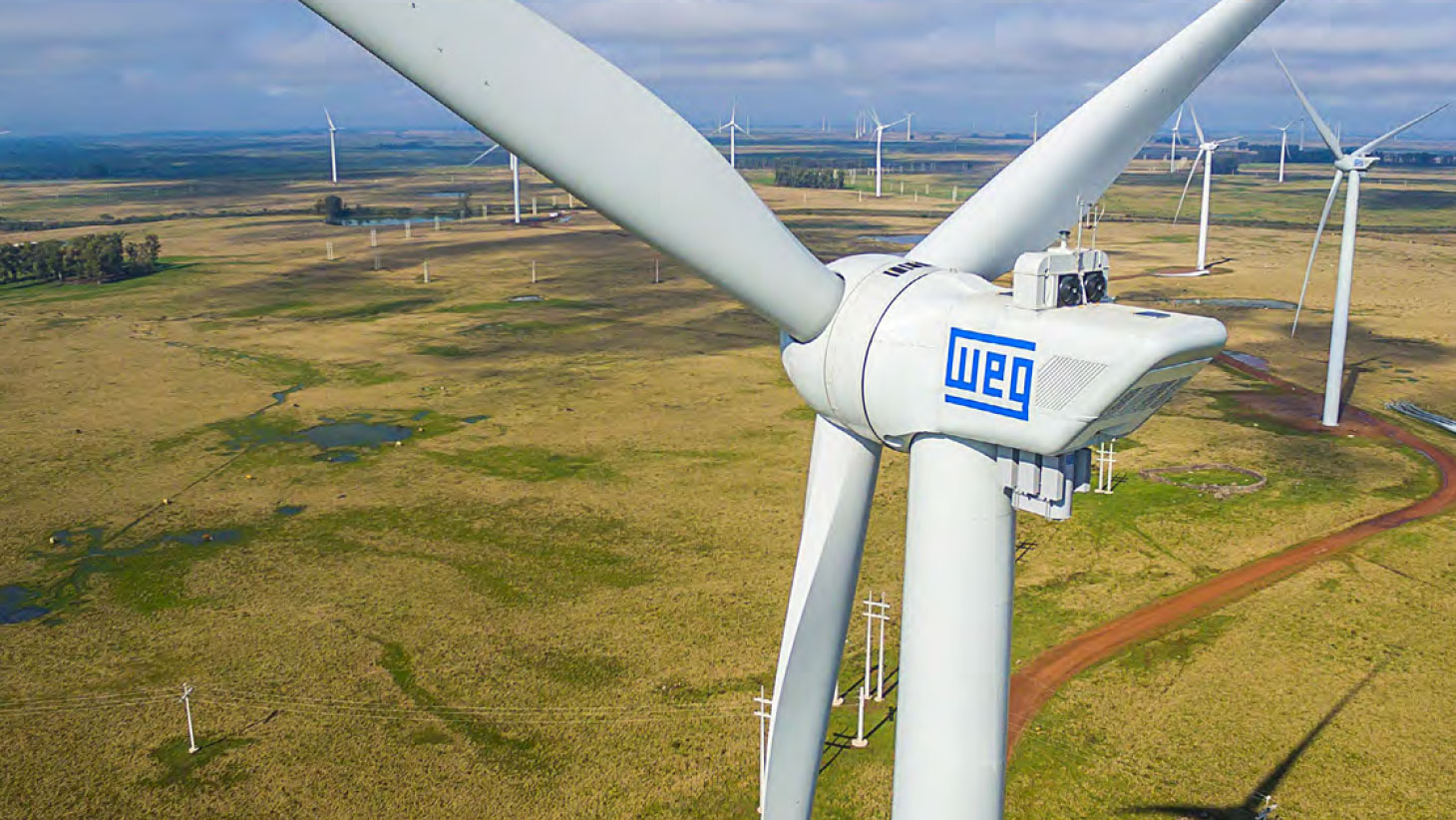 Turbina eólica da WEG, ao fundo uma área gramada