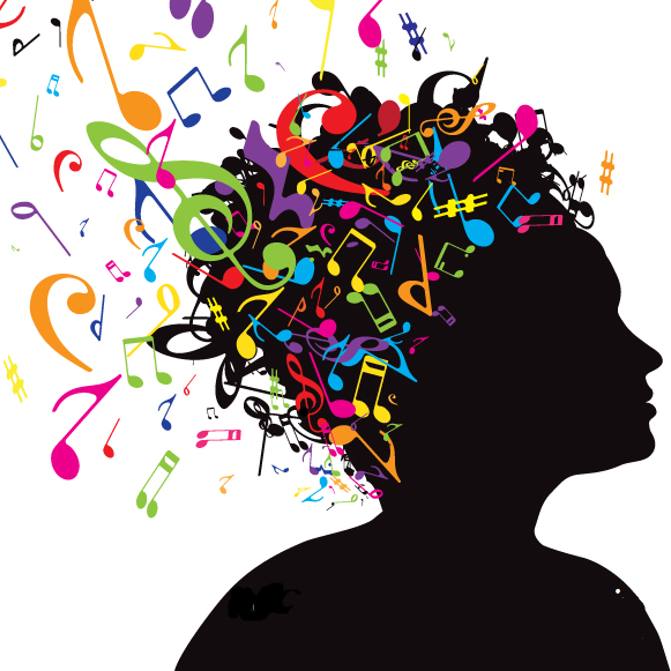 Imagem que mostra silhueta de uma mulher com notas musicais coloridas saindo de sua mente.