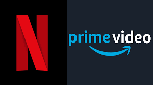 Imagem dividida ao meio com o símbolo da Netflix do lado esquerdo e a logo do Prime Video do lado direito.