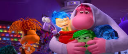 Quadro do filme "Divertidamente" da Pixar. À esquerda, vemos uma emoção abraçando às demais, enquanto outra os observa.
